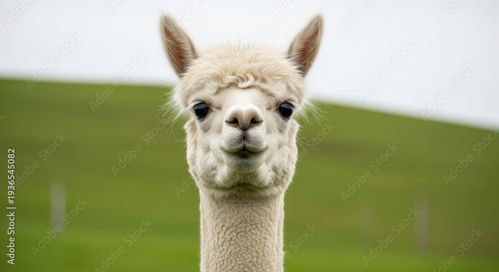 Obraz premium White alpaca head with fluffy wool in a close up portrait. Cute farm animal against a blurred green field background.