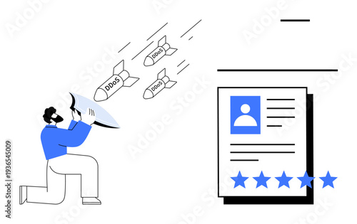 Person using loudspeaker warning about DDOS attacks targeting online platforms. Representation of online profiles and ratings. Ideal for cybersecurity, digital threats, network security, data