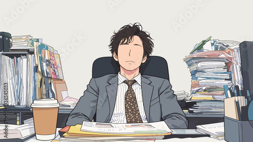 A man sits at a messy desk filled with papers and folders while holding a coffee cup. It looks like a typical workday.