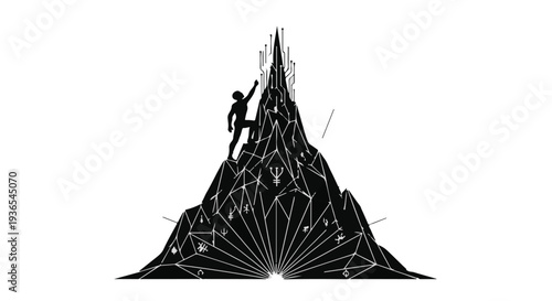 Determined silhouette climbs a complex, abstract mountain peak towards the light.