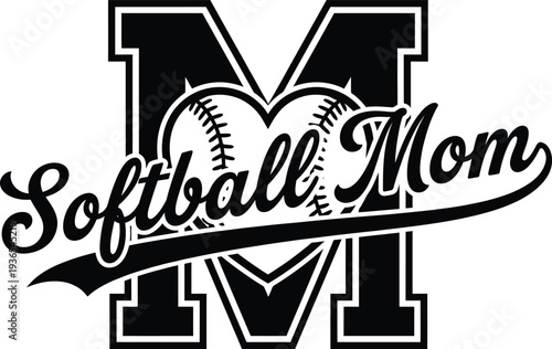 Cuadro en lienzo Softball Mom Sports Typography Letter M With Baseball Heart Vector Design