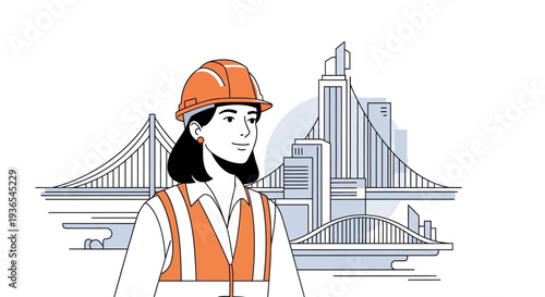 Illustration of a woman in an orange hard hat and safety vest standing confidently in front of a city skyline with a bridge.