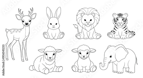 Collection of adorable baby animals in outline form featuring a deer, rabbit, lion, tiger, lamb, and elephant for coloring activities.