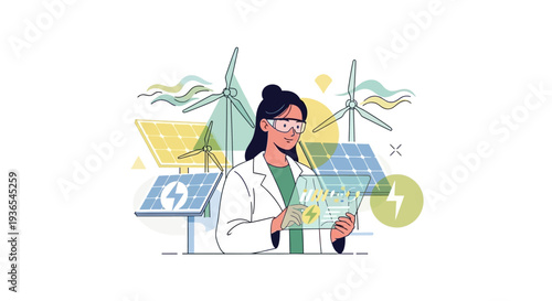 Illustration of a female scientist in a lab coat standing with renewable energy sources and technology, symbolizing woman in STEM on World Day of Woman and Girls in Science.