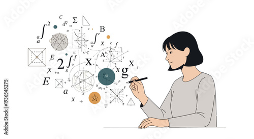 Illustration of a woman solving mathematical equations in a thoughtful pose for International Women in Science Day with a simple design on a clean white background.