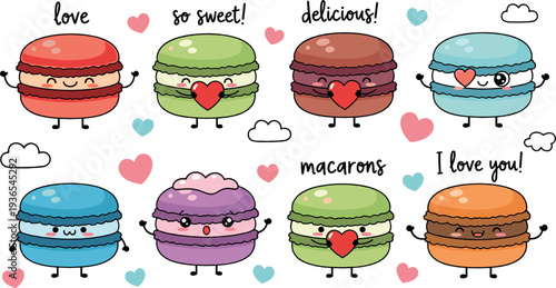 Cute macarons cartoon characters flat vector illustration with colorful French cookies hearts love and sweet dessert theme