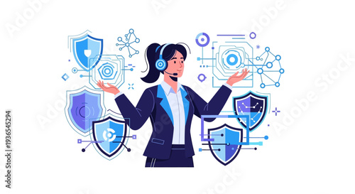 Illustration of a woman in a business suit with a headset surrounded by shields and technology symbols on a white background, representing STEM and cybersecurity concepts.