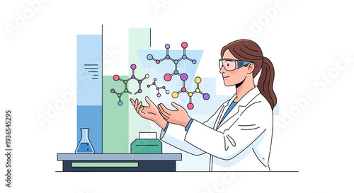 Illustration of a female scientist examining molecular structures in a laboratory setting for International Women in Science Day, symbolizing STEM and gender equality.