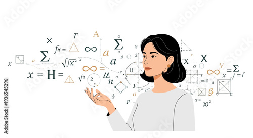 Illustration of a woman surrounded by mathematical equations and symbols, representing International Women in Science Day and promoting STEM education with a professional and modern design.