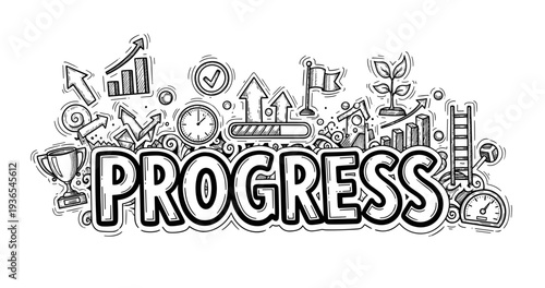Progress concept in black and white with growth and success symbols