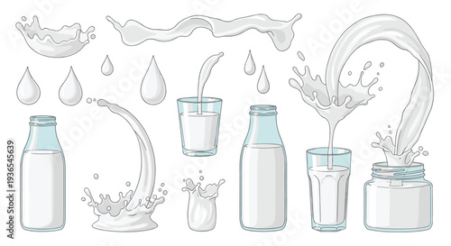 Collection of milk splashes, drops, glasses, and glass bottles is shown on a white background for dairy product advertising and food design.
