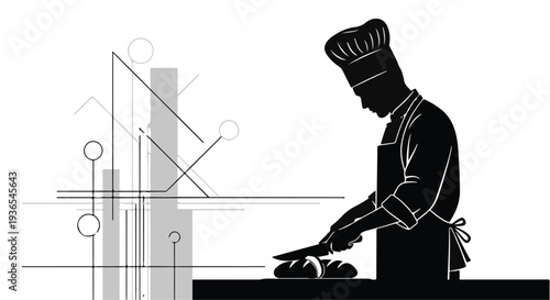 Chef meticulously slicing fresh bread with a knife, showcasing culinary skill and preparation.