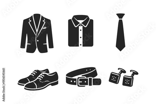 Collection of formal men's clothing and accessories icons on a white background
