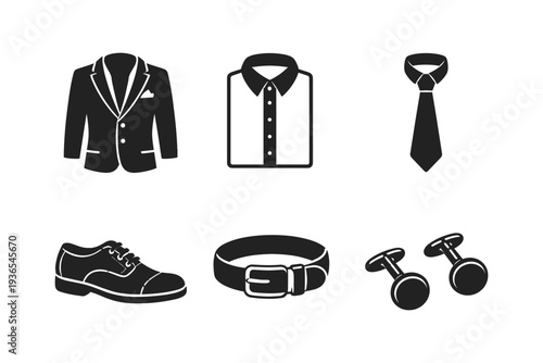 Collection of men's formal wear icons including suit jacket, shirt, tie, shoe, belt, and cufflinks