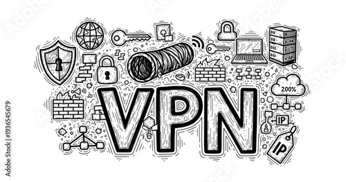 Vpn network security concept with doodle icons