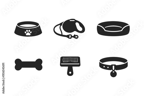 Collection of six essential pet care icons including a food bowl, leash, bed, bone, brush, and collar