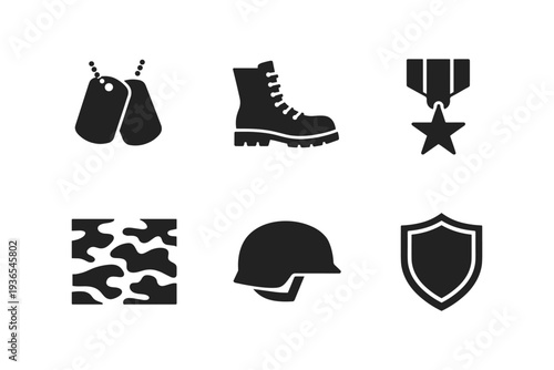 Collection of military icons including dog tags, combat boot, medal, camouflage, helmet, and shield