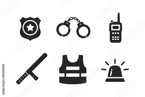 Collection of police equipment icons including badge, handcuffs, radio, baton, vest, and siren