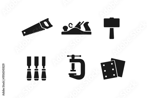 Collection of woodworking tools and supplies, presented as simple black icons on a white background