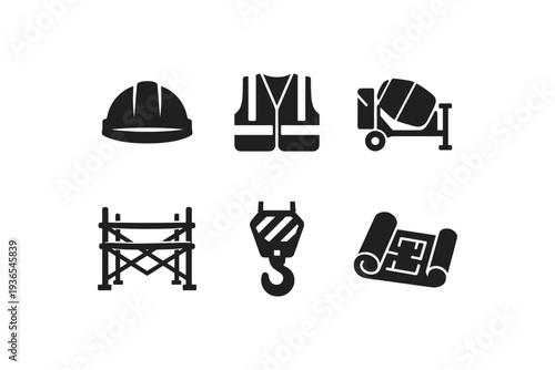 Construction industry icons: hard hat, safety vest, cement mixer, scaffolding, crane hook, blueprint