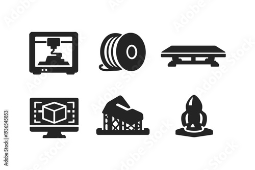Collection of six black icons representing 3D printing and related concepts