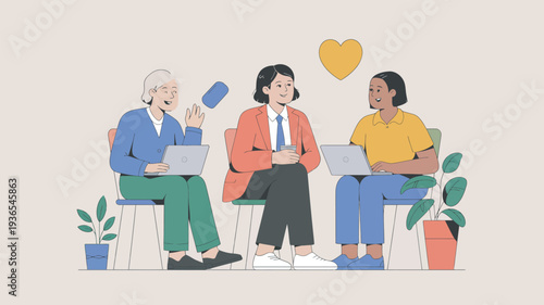 Three diverse women sitting together with laptops and smiling in a friendly meeting