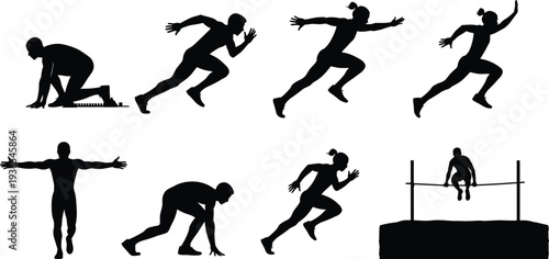 Detailed Black Silhouette Vector Set of Track and Field Athletes Featuring Sprinters Starting Blocks High Jump and Runners Crossing Finish Line