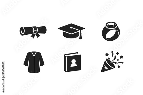 Set of graduation icons including diploma, cap, gown, ring, yearbook, and confetti popper