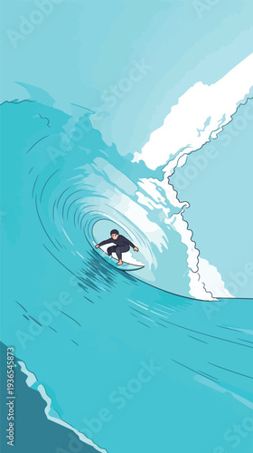 A person surfs a large wave in a blue ocean. The sun shines in the background. The scene shows energy and excitement of surfing.