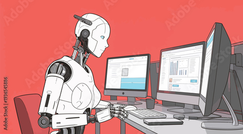 Robot sits at a desk and uses computers to perform tasks in an office environment. Screens display data and charts.