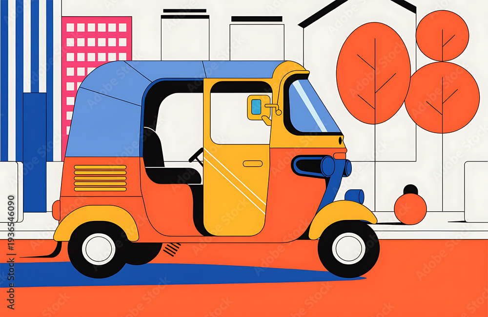 Fototapeta premium Flat vector illustration of an auto rickshaw on Indian street, minimal city background, modern design