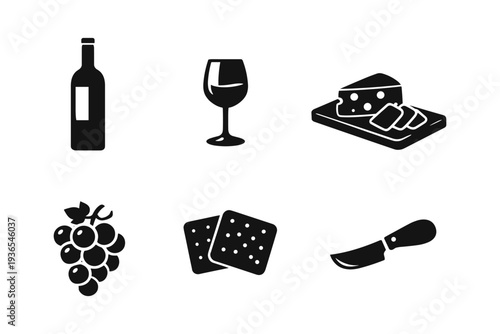 Wine, cheese, grapes, crackers, and knife icons arranged in a grid for a snack or appetizer theme