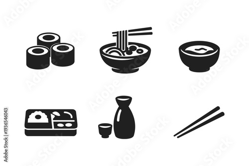 Collection of Japanese food and drink icons, including sushi, ramen, bento, and sake