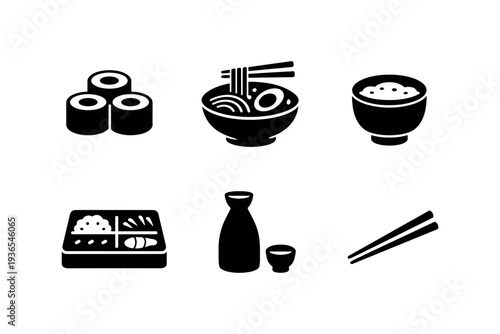 Collection of Japanese food icons including sushi, ramen, bento, and sake