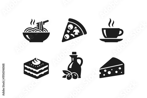 Collection of simple black icons representing food and drink items on a white background