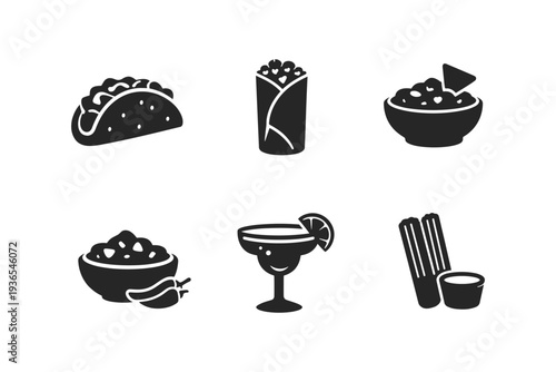 Collection of Mexican food and drink icons including tacos, burritos, guacamole, and margaritas