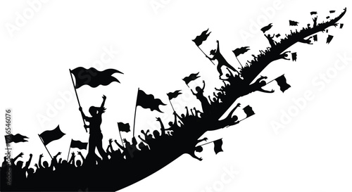 Silhouetted crowd celebrating with flags, rising with energy and hope.