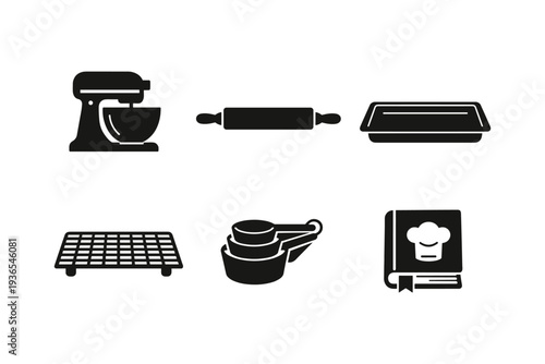 Collection of baking and cooking icons including a stand mixer, rolling pin, and cookbook