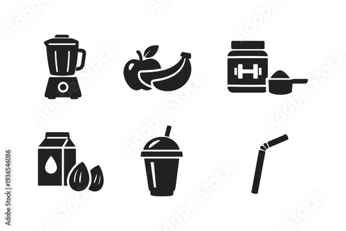 Healthy smoothie ingredients and preparation icons for fitness and nutrition
