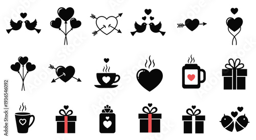 Collection of black Valentine's Day silhouettes including birds, hearts, arrows, and gift boxes is shown for romantic holiday celebrations.