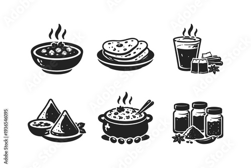 Collection of Indian food and spice icons, representing diverse culinary elements