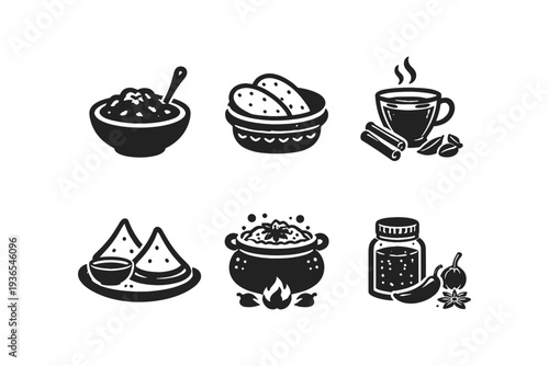 Collection of Indian food and drink icons, representing diverse culinary elements