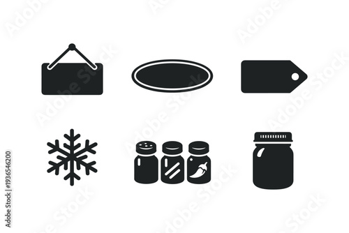 Collection of simple black icons representing various concepts like signage, cold, and food preservation
