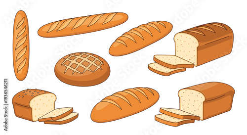 Variety of freshly baked bread loaves and sliced portions including baguettes and rounds is shown for bakery and food industry marketing.