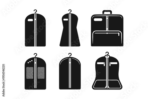 Collection of garment bags and travel luggage icons in black and white silhouette