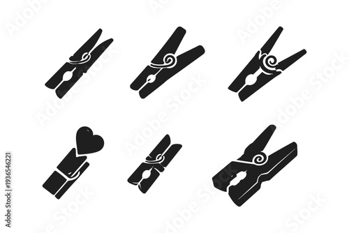 Collection of black clothespin icons with decorative swirls and a heart shape