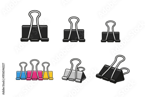 Collection of binder clips in various sizes and colors on a white background