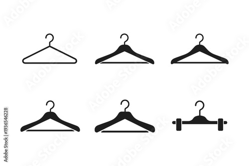 Collection of various black clothing hangers in a simple flat design style