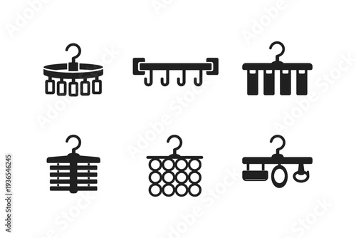 Set of six different closet organizers and hangers for clothes and accessories