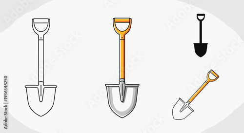 Shovel icon set includes line art, color, and black silhouette versions for gardening, construction, and outdoor tool themed illustrations.